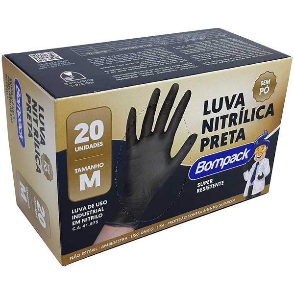 Bompack Luva Nitrilica Preta Sem Po M Com 20 Und. 